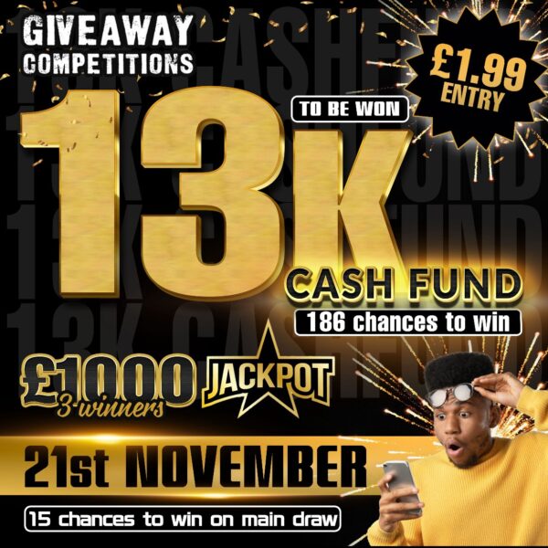 15 Chances to win on the draw, 171 Instant wins, 3 x £1000 Jackpots